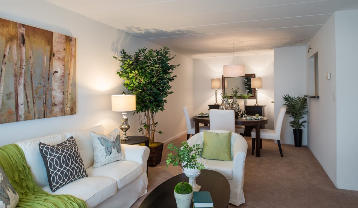 Bright living room at Claremont Towers in Hillsborough, New Jersey