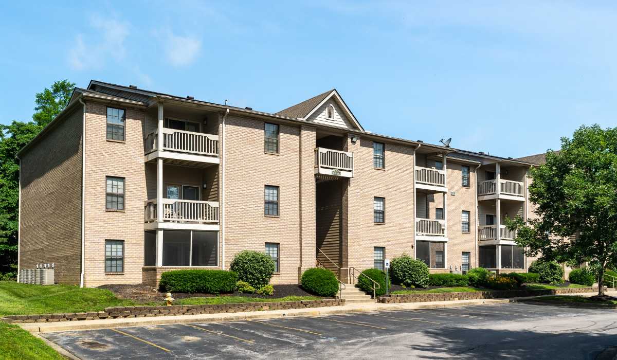 Three-story apartment building with balconies at Burlington Oaks in Burlington, Kentucky