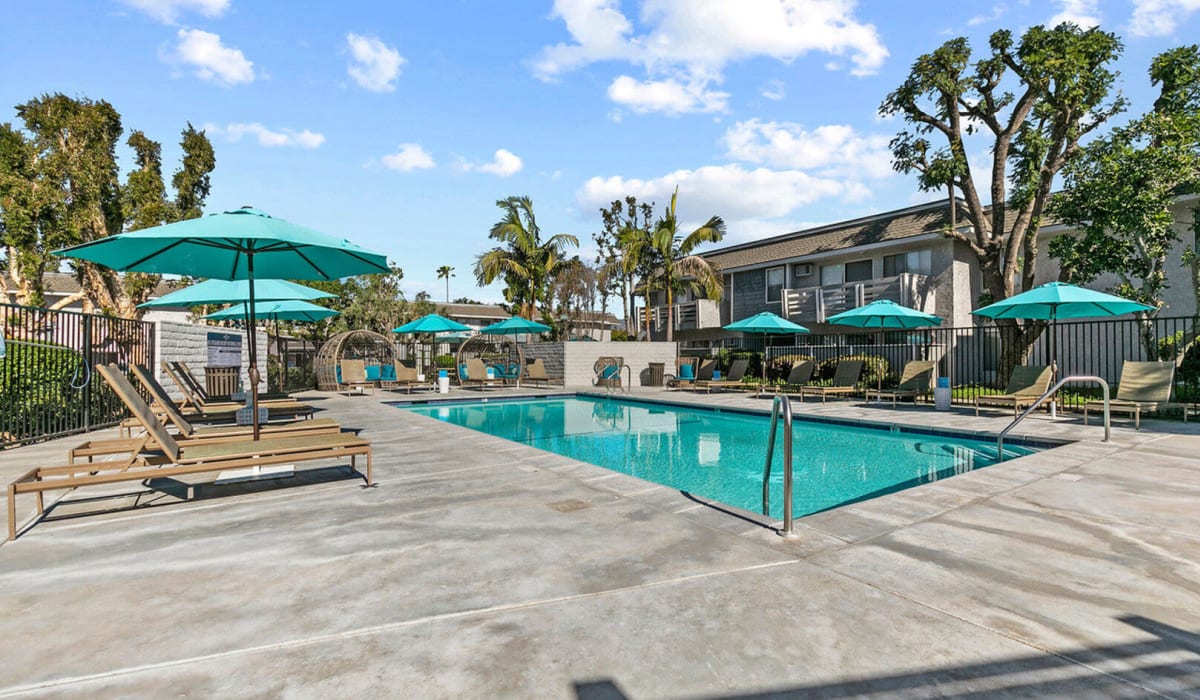 Swimming pool and outdoor lounging at Twelve31 in West Covina, California
