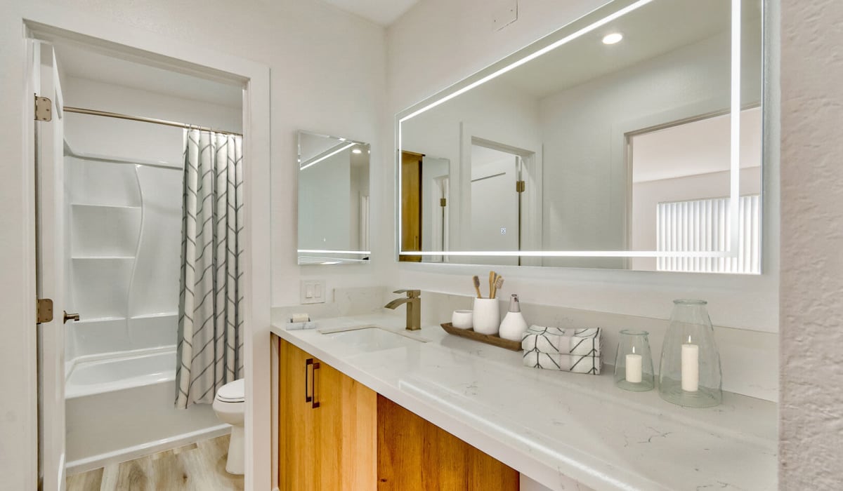 Spacious and modern bathroom amenities at Torrey Pines Apartment Homes in West Covina, California