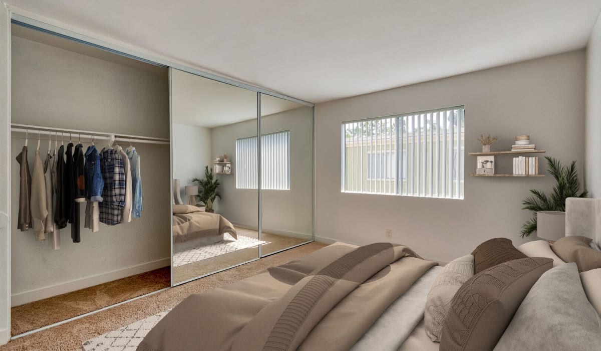 Cozy bedroom amenities at Torrey Pines Apartment Homes in West Covina, California