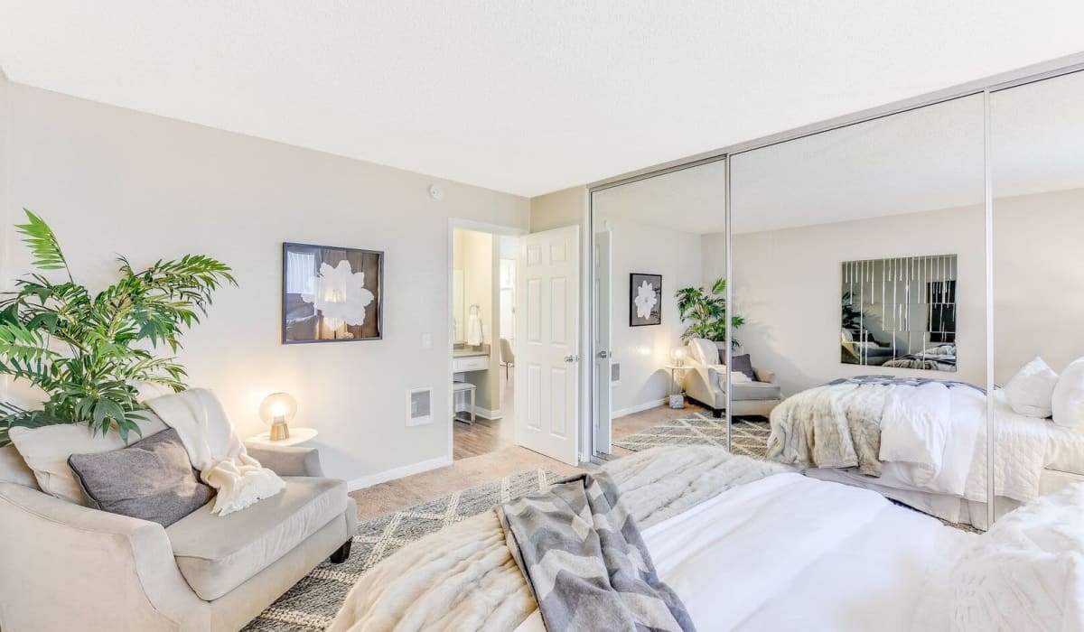 Cozy bedroom amenities at Torrey Pines Apartment Homes in West Covina, California