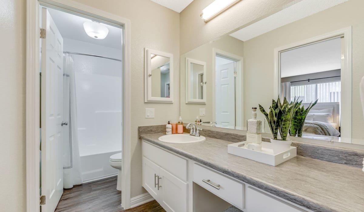 Spacious and modern bathroom amenities at Torrey Pines Apartment Homes in West Covina, California