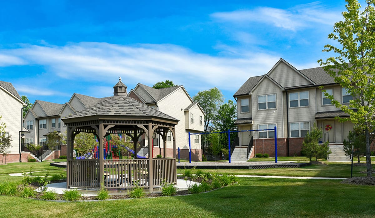 Gazebo with grass around it at Encore Townhomes in Utica, Michigan