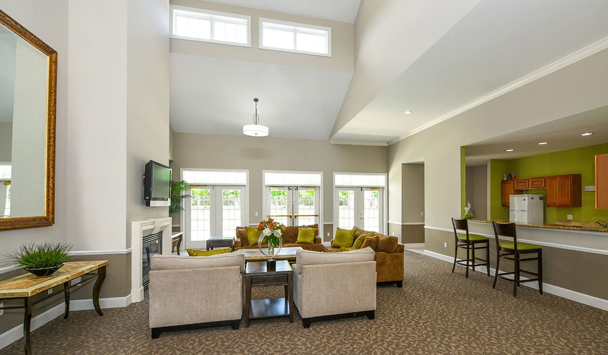 Clubhouse with ample seating at Encore Townhomes in Utica, Michigan