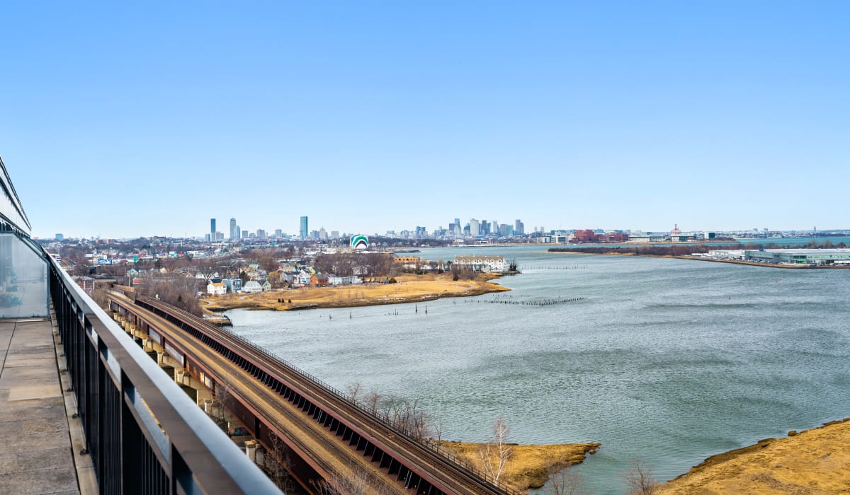 View of the city from a patio at Neponset Landing in Quincy, Massachusetts