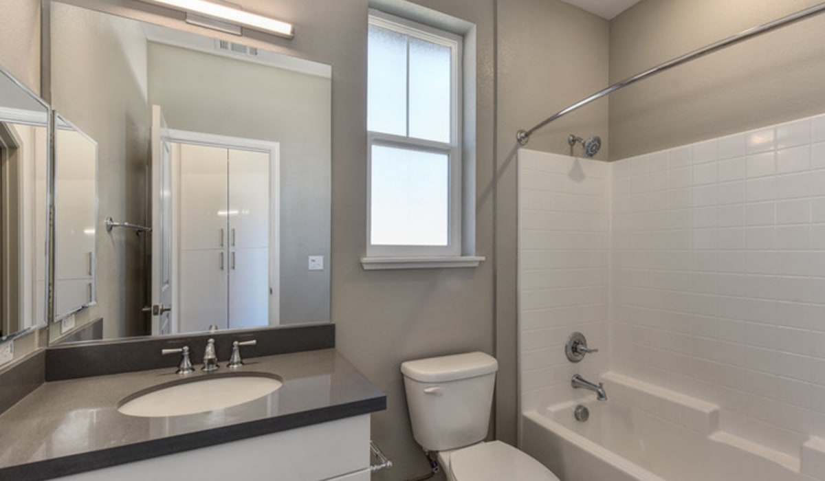 Pet-Friendly Apartments in Folsom, CA - The Pique - Bathroom with White Tile Shower Walls, Large Vanity Mirror, and Grey Quartz Sink