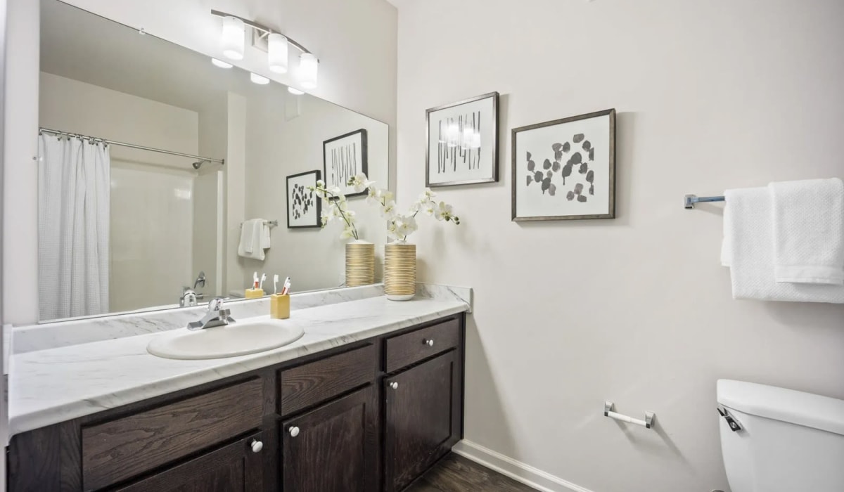 A bathroom with large vanity mirror and wood cabinetry in a model home at The Maddox in Centerton, Arkansas
