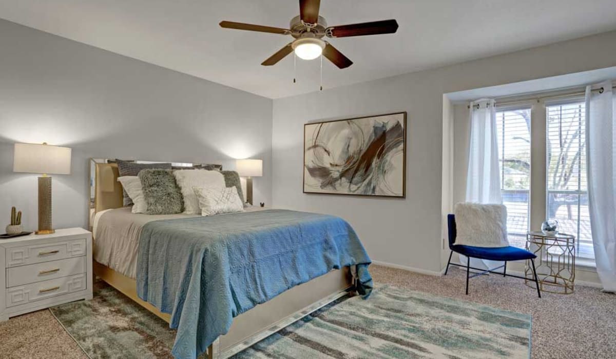 Model master bedroom at Latitude 2976 in Houston, Texas