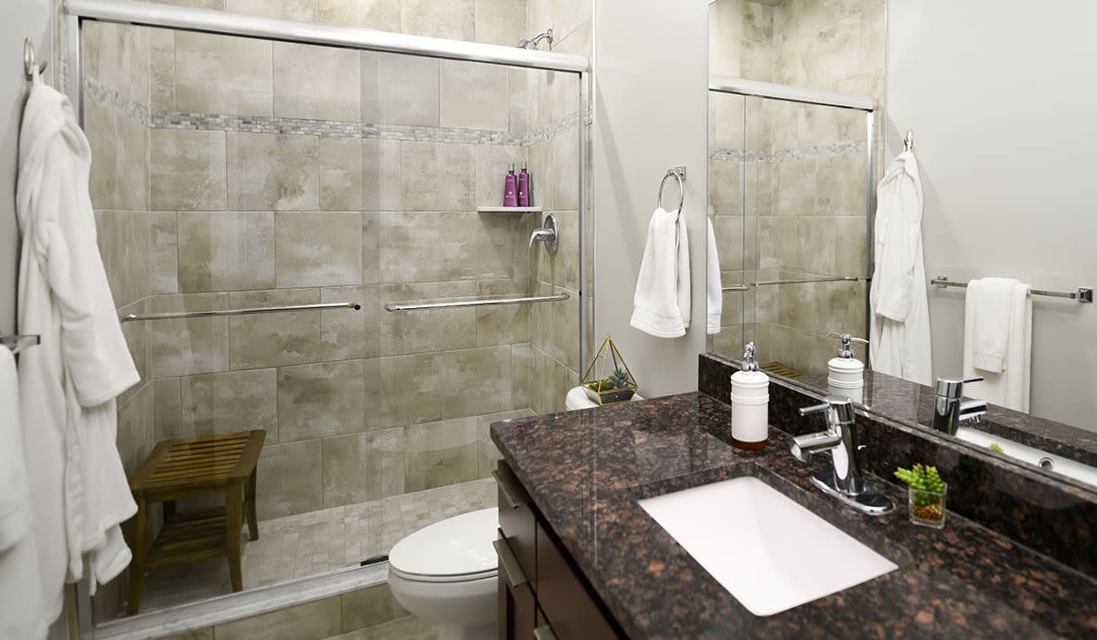 Bathroom with modern design at Encore Townhomes in Utica, Michigan