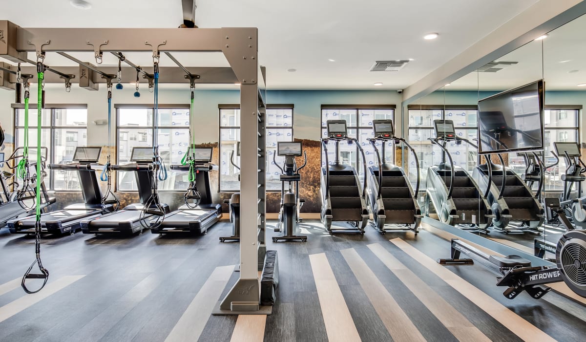 Modern workout room at The Wright Apartments in Centennial, Colorado