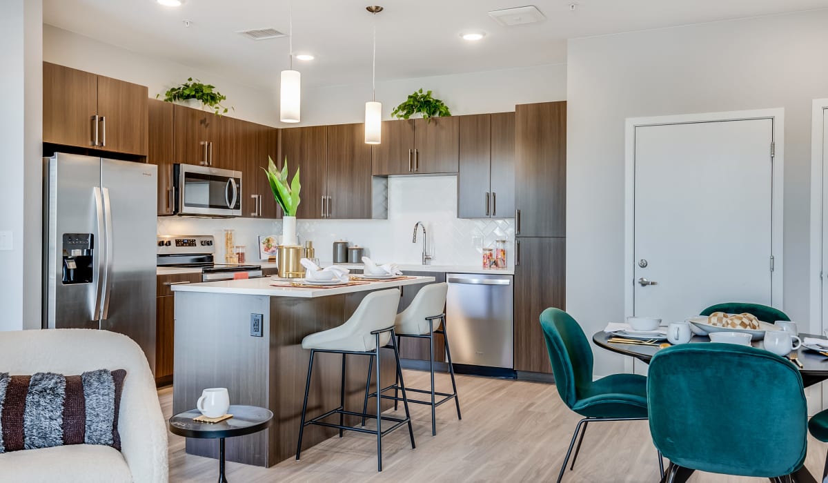 Kitchen with modern details at The Wright Apartments in Centennial, Colorado