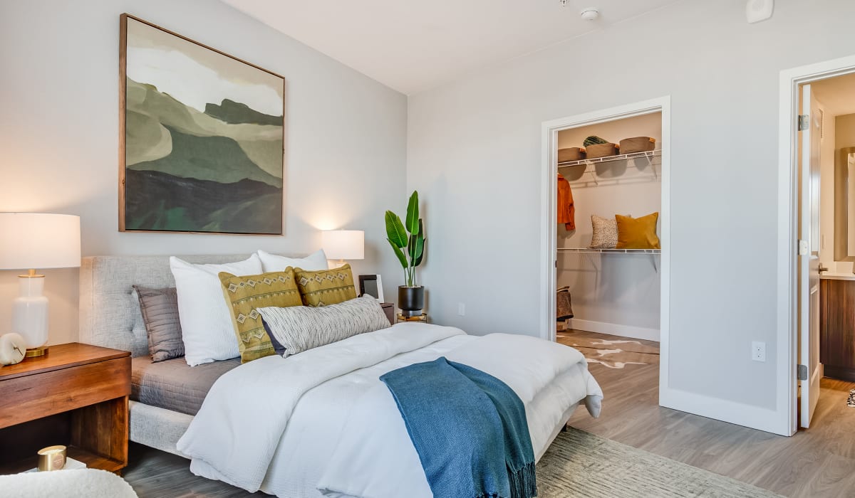 Bedroom with modern details at The Wright Apartments in Centennial, Colorado