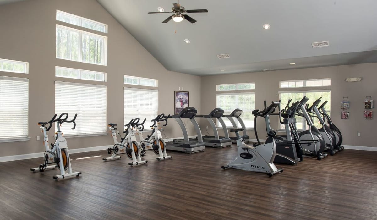 Treadmills along a wall in the fitness center at Village at Rice Hope in Port Wentworth, Georgia