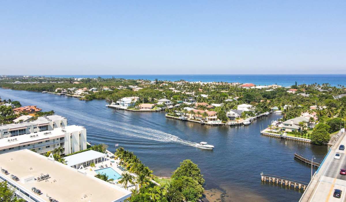 Aerial view of water and city near Bermuda Cay in Boynton Beach, Florida