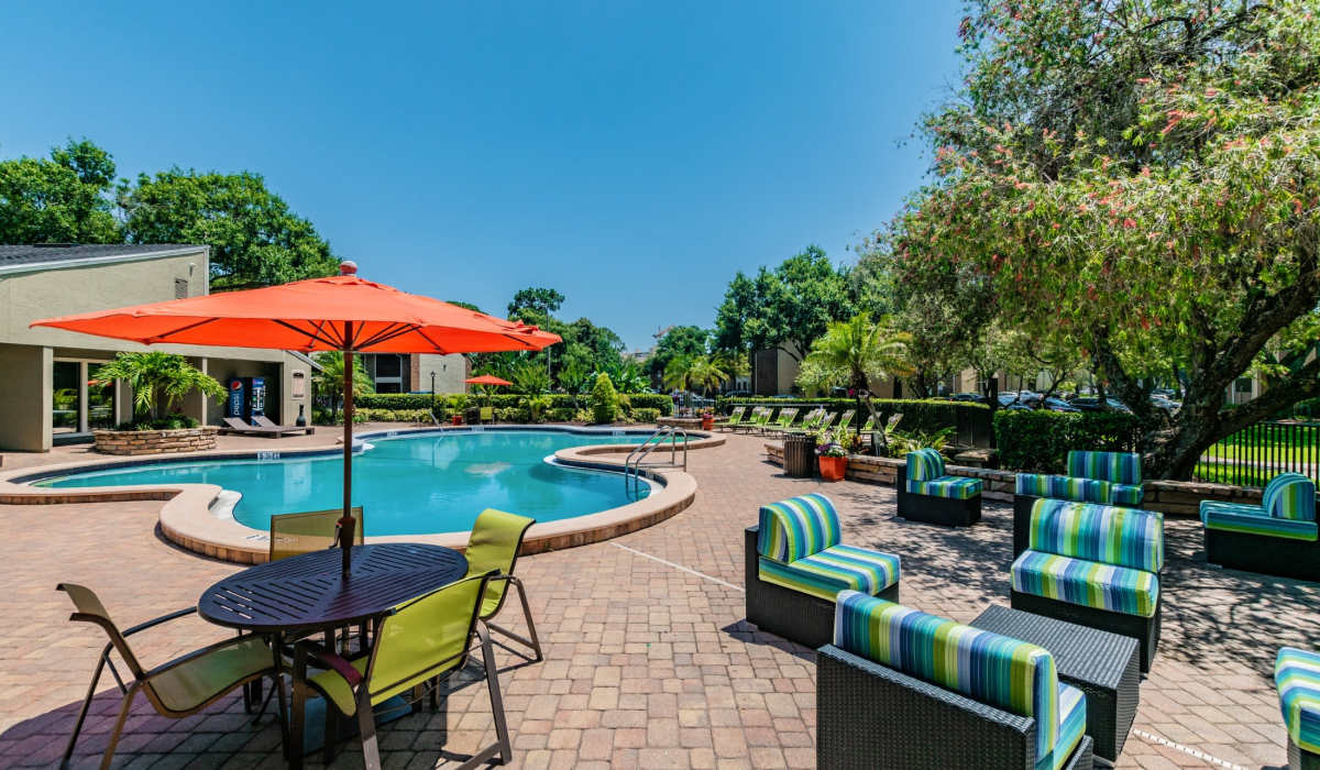 Community pool with lounge seating at Legend Oaks in Tampa, Florida