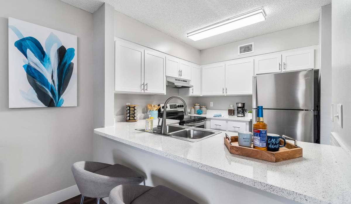 Apartment kitchen with plenty of counter space and stainless steel appliances at Boynton Place Apartments in Boynton Beach, Florida