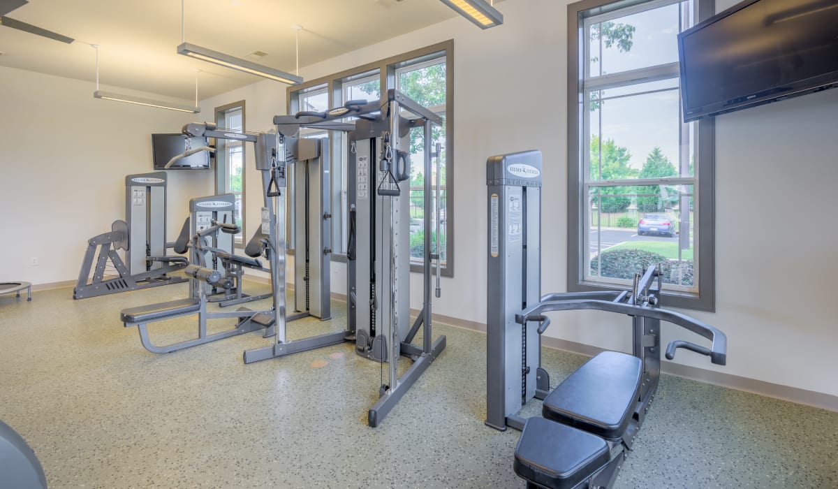 Cardio and weight lifting equipment in the fitness center at Evergreen at Five Points in Valdosta, Georgia