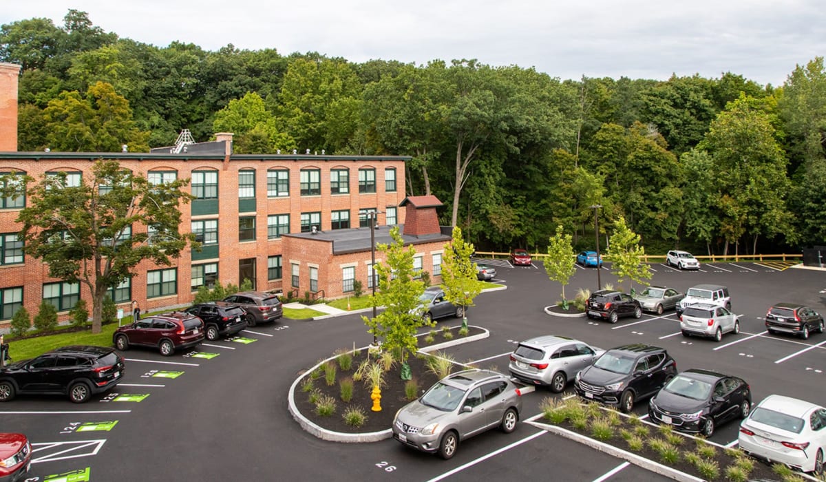 Aerial view of the community at The Falls at 124 Water in Leominster, Massachusetts