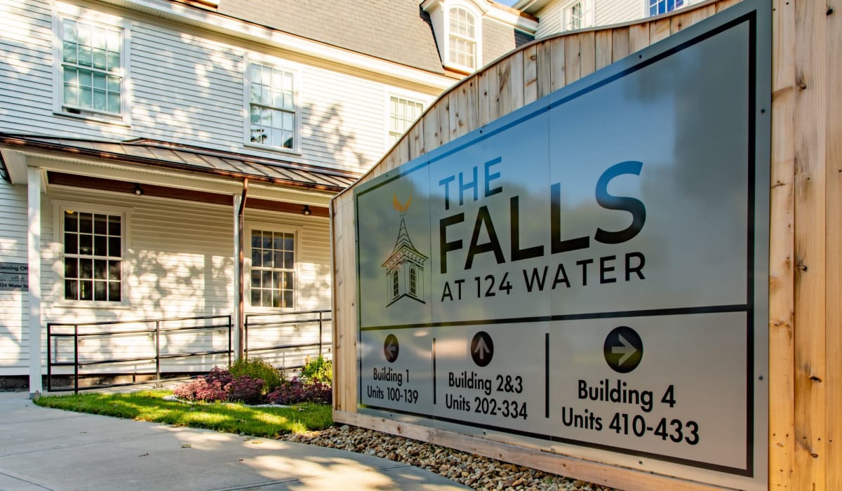 Welcome sign at The Falls at 124 Water in Leominster, Massachusetts
