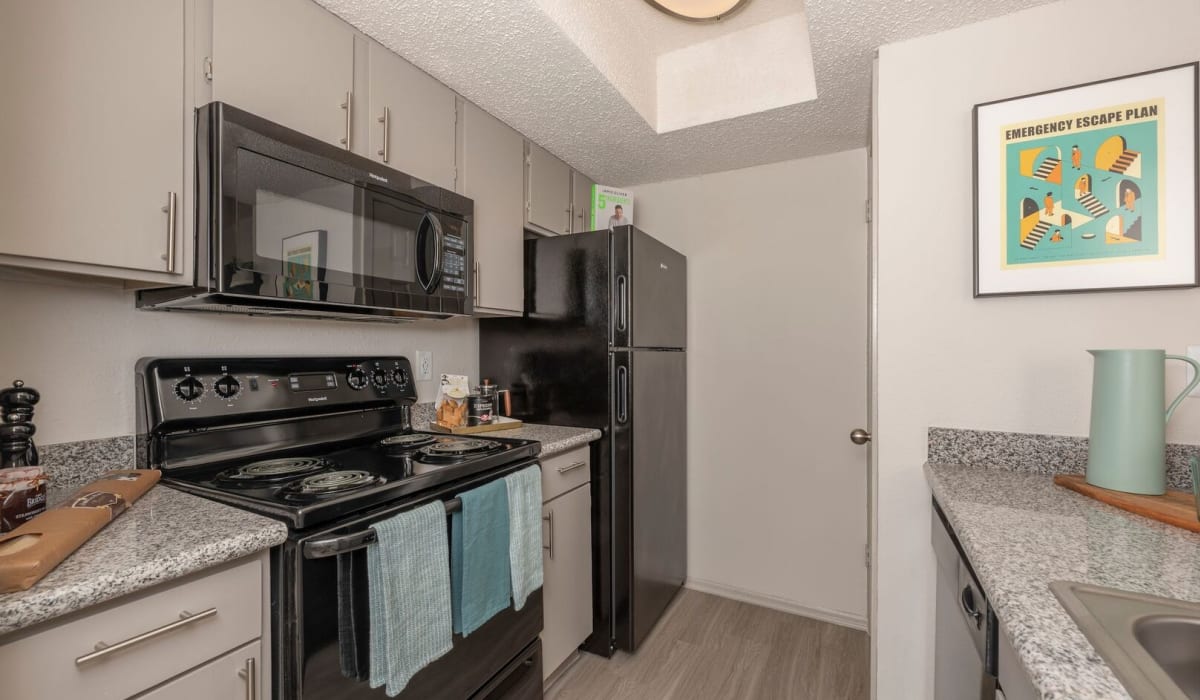 Kitchen with black appliances at Grace Woods in Austin, Texas