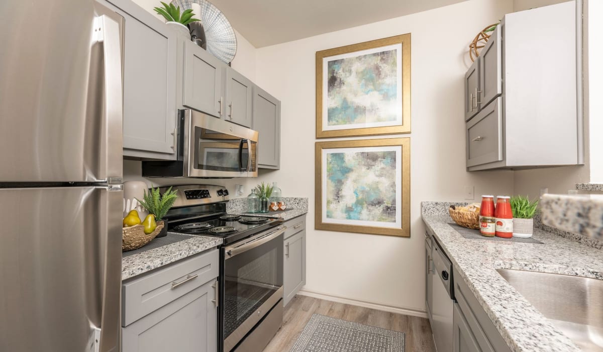 Kitchen with artwork on wall at Sheffield Square in Grand Prairie, Texas