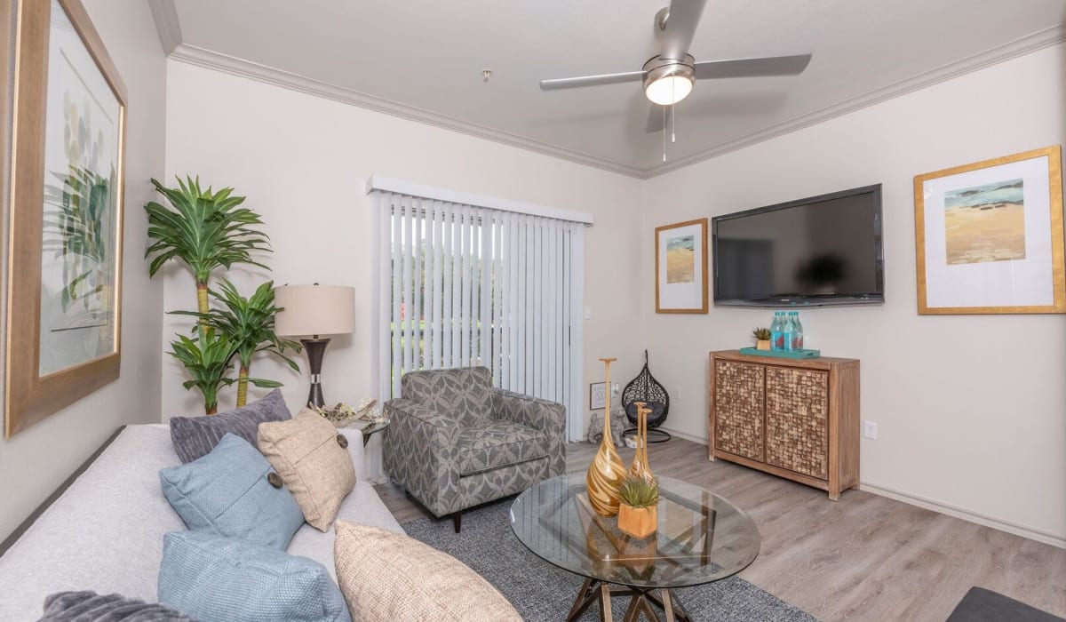 Living room with TV at Sheffield Square in Grand Prairie, Texas