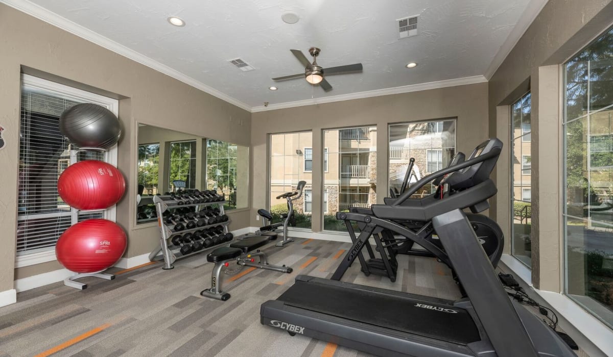 Fitness center at Woodbridge Villas Apartments in Sachse, Texas