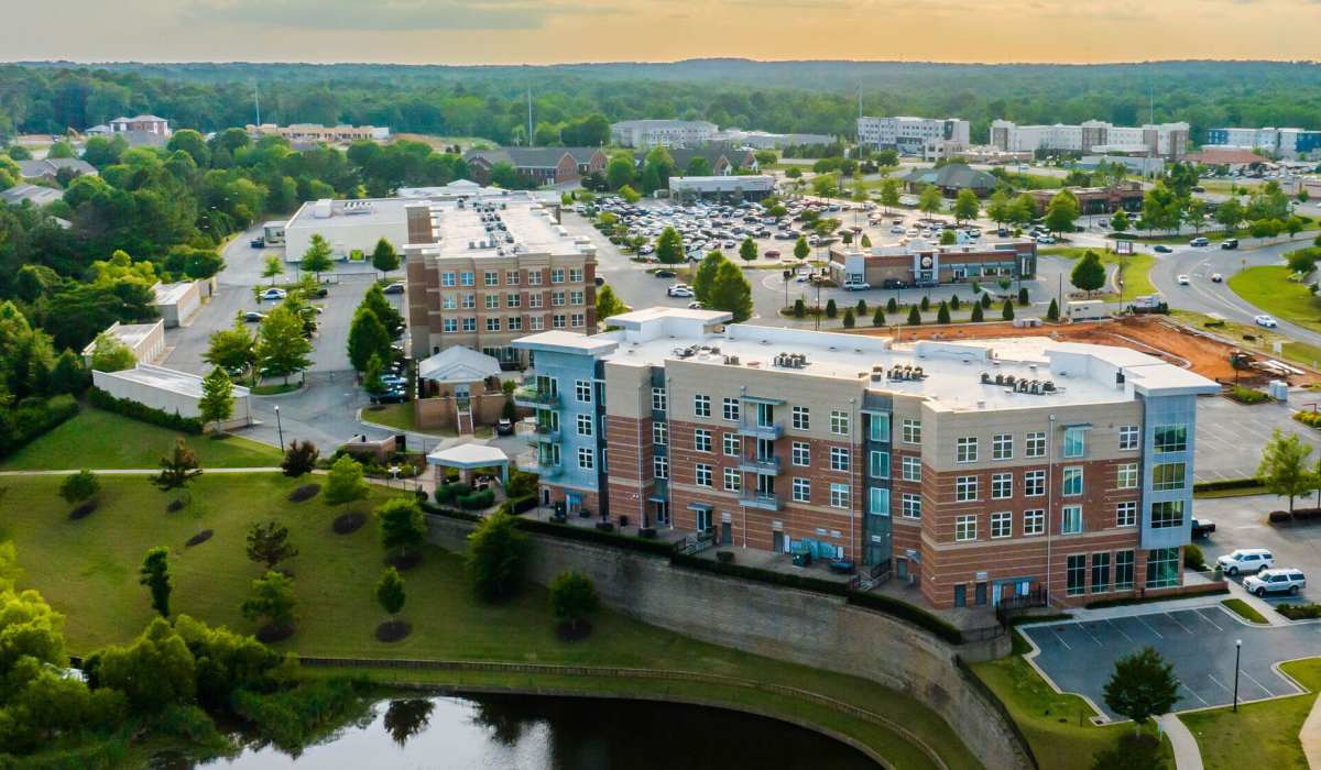 Aerial view of apartments at Lofts At Bass in Macon, Georgia