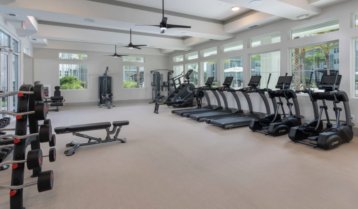 A row of treadmills in the fitness center at Sentosa Riverview in Riverview, Florida