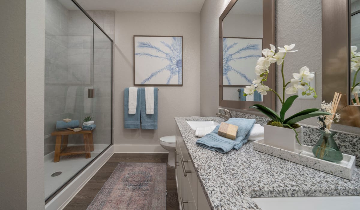 Granite countertops and a glass door shower in an apartment bathroom at Sentosa Riverview in Riverview, Florida