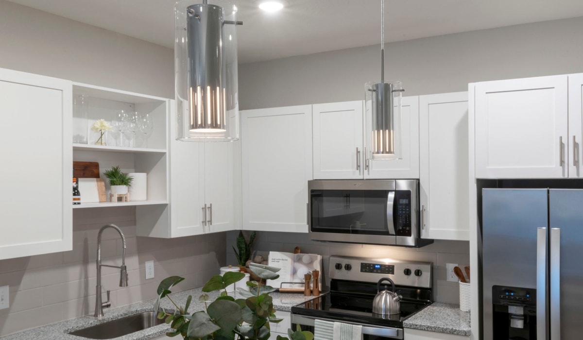 Modern light fixtures in an apartment kitchen at Sentosa Riverview in Riverview, Florida