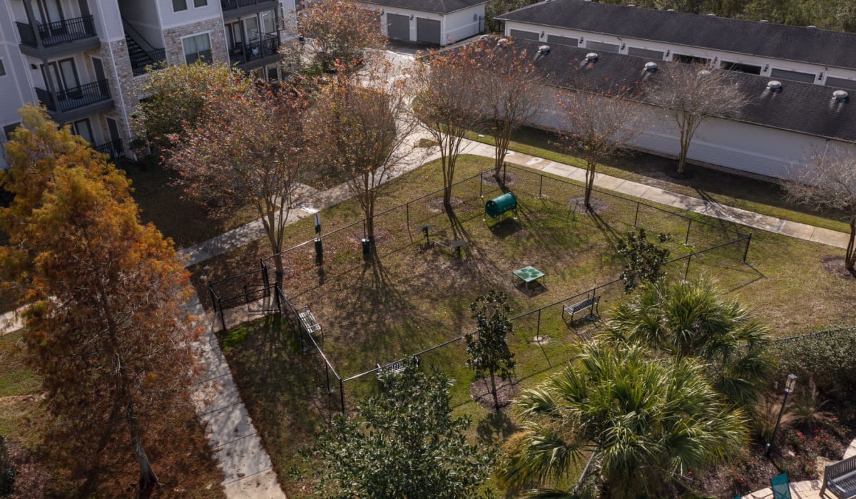 Aerial view of the community dog park at Evergreen at Tuscany Villas in Baton Rouge, Louisiana