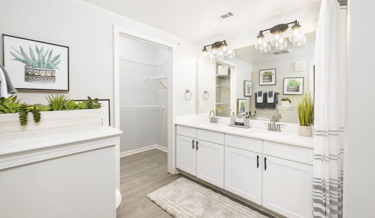 A double vanity and extra counter space in an apartment bathroom at Evergreen at Tuscany Villas in Baton Rouge, Louisiana