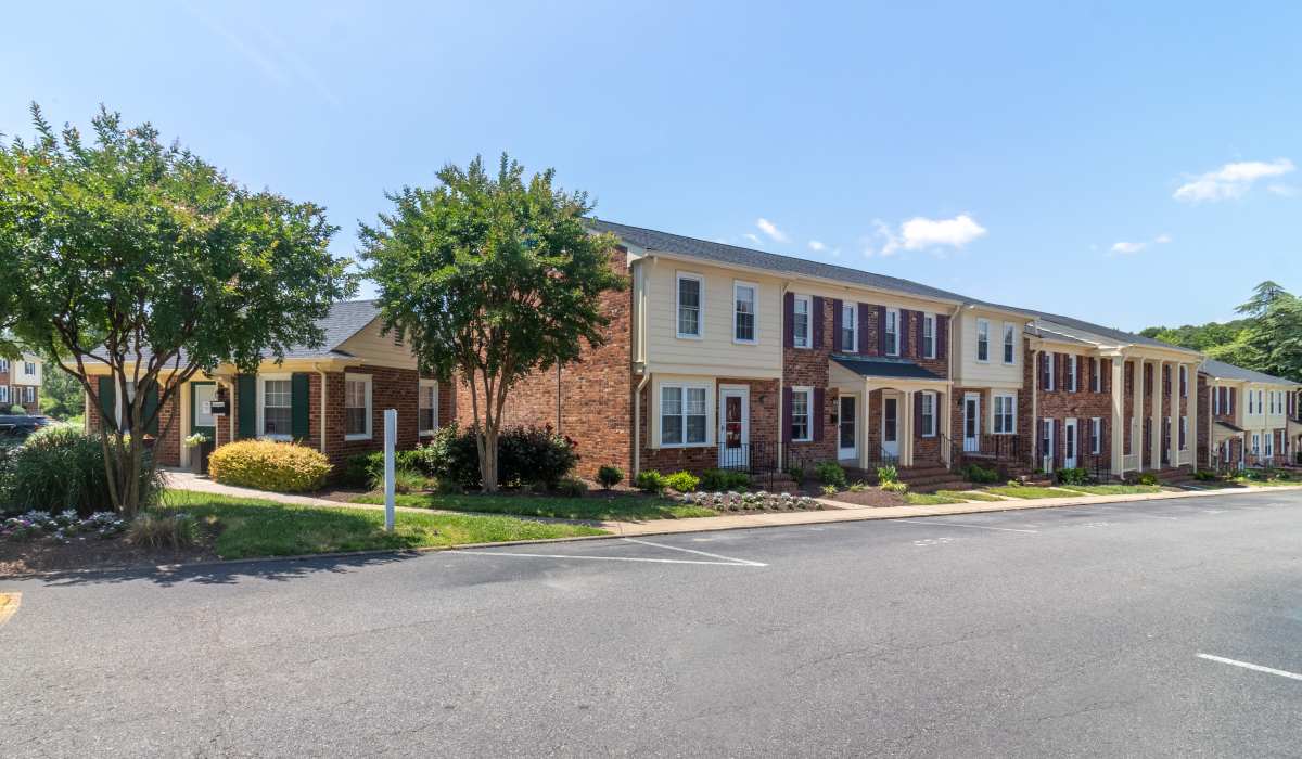 View of the apartment exterior from across a street at Landmark at Patterson in Richmond, Virginia