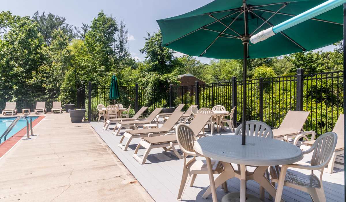 Pool and deck with lounge beds covered by canopies at Landmark at Patterson in Richmond, Virginia