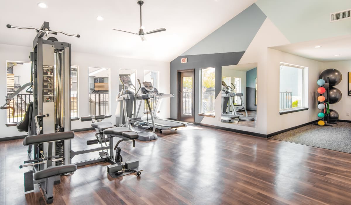 Fitness center at  Emmitt Luxury Apartments in Haltom City, Texas