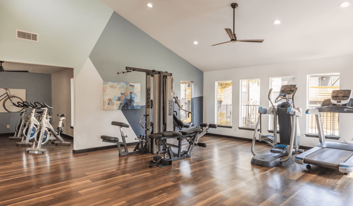 Weight machines at the fitness center at  Emmitt Luxury Apartments in Haltom City, Texas