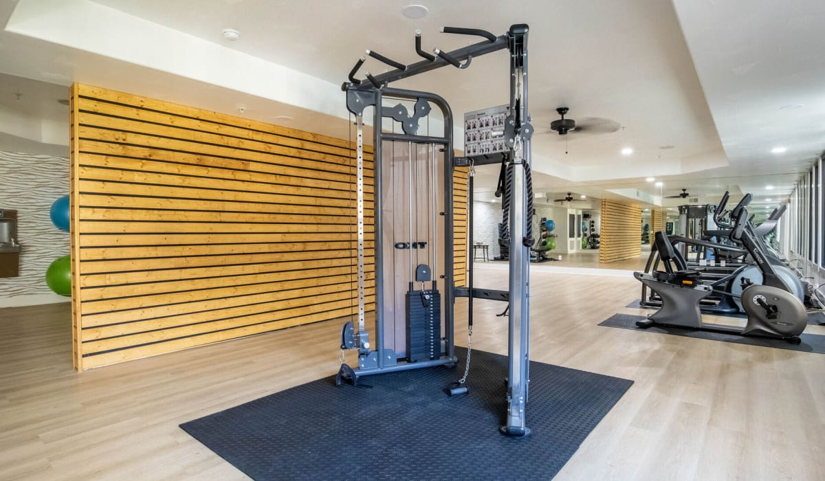 Weight lifting equipment in the fitness center at Legends Lakeline in Austin, Texas