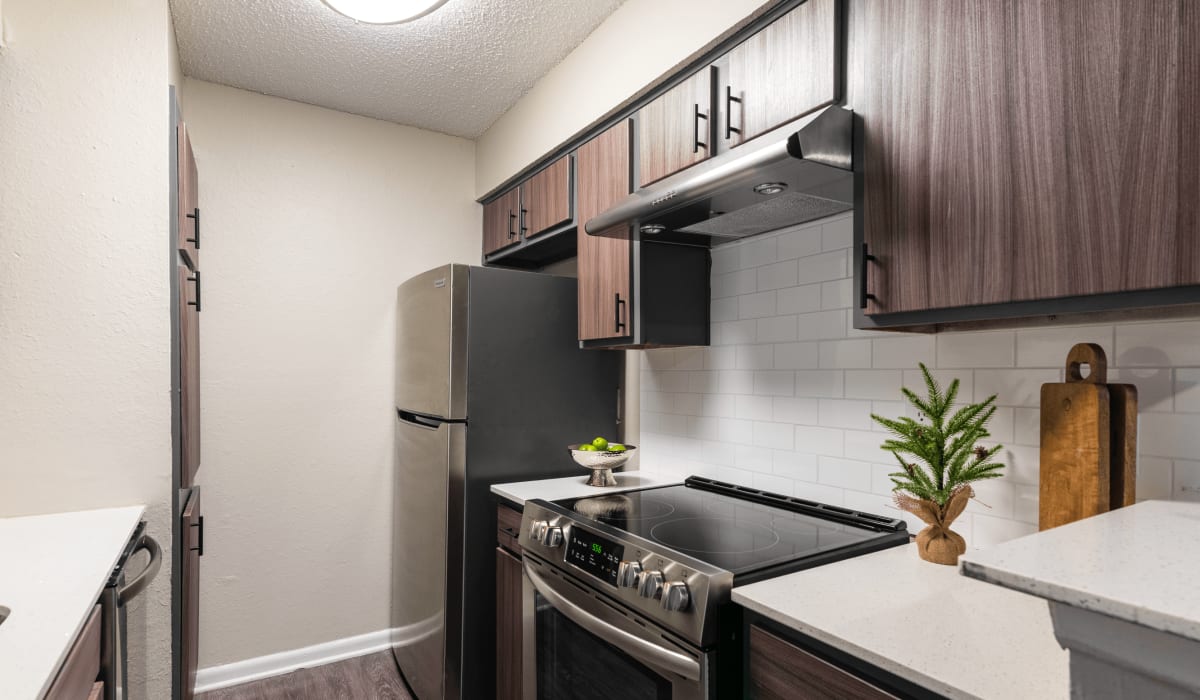 Renovated kitchen with new appliances at Emmitt Luxury Apartments in Haltom City, Texas