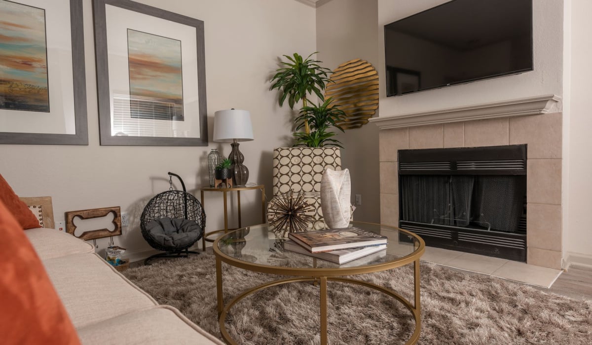 Fireplace and TV at Gardens of Valley Ranch in Irving, Texas