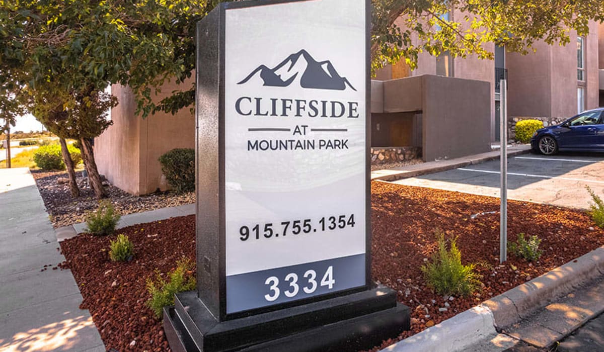 Exterior sign at Cliffside at Mountain Park in El Paso, Texas