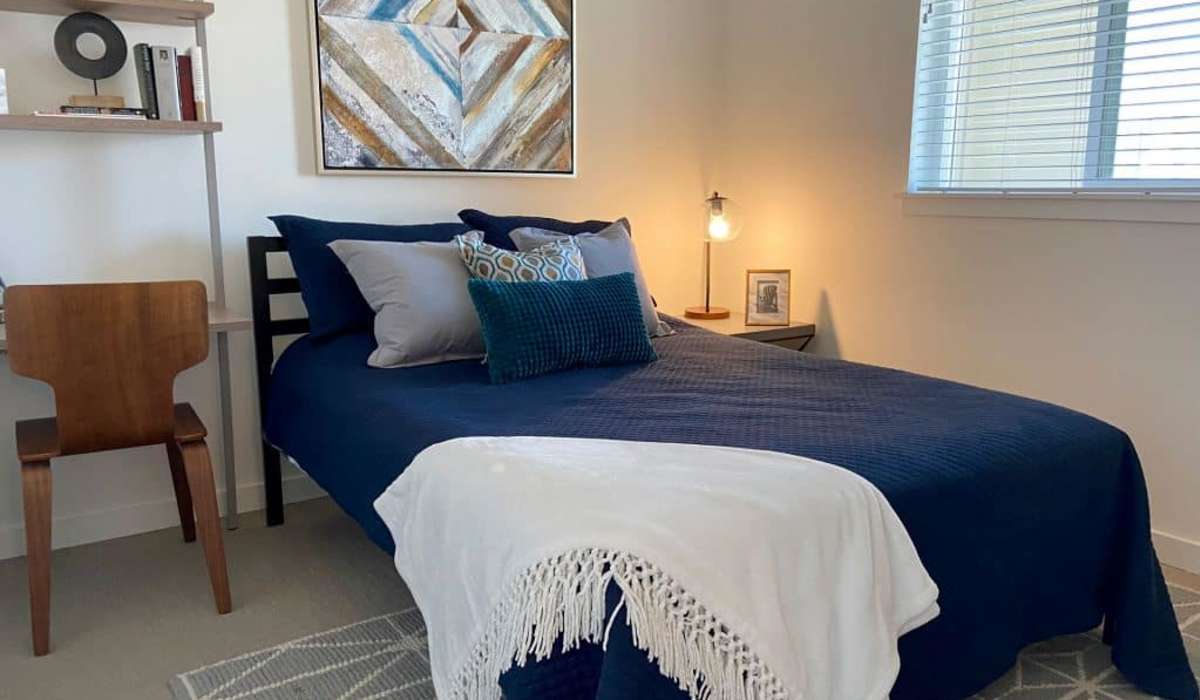 Bedroom with comfortable bed at Linden in Portland, Oregon