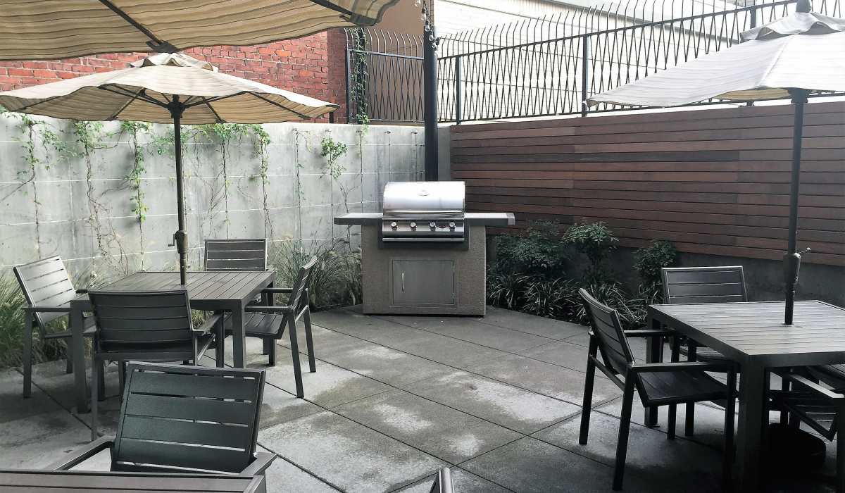 Outdoor lounge area at The Cameron in Portland, Oregon