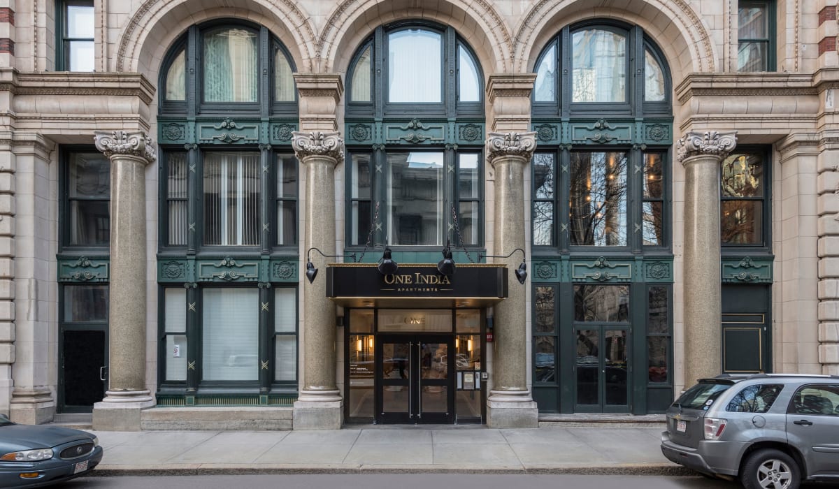 Exterior and main entrance at One India Street Apartments in Boston, Massachusetts