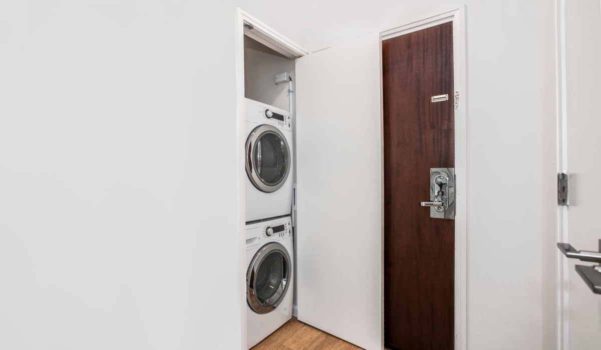 Washer and dryer in apartment at One India Street Apartments in Boston, Massachusetts