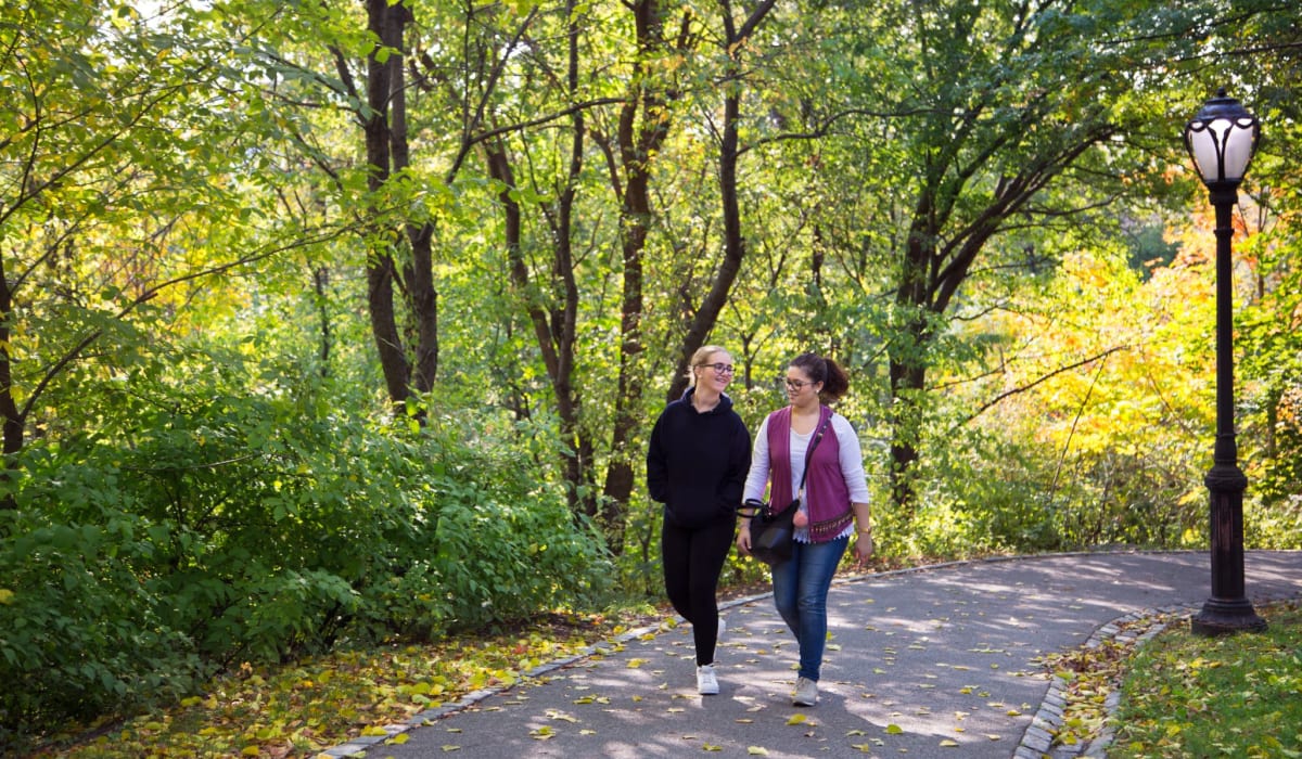 Two People Walking on a Paved Nature Path in a Park | 1221 Vallejo Apartments in Novato, California