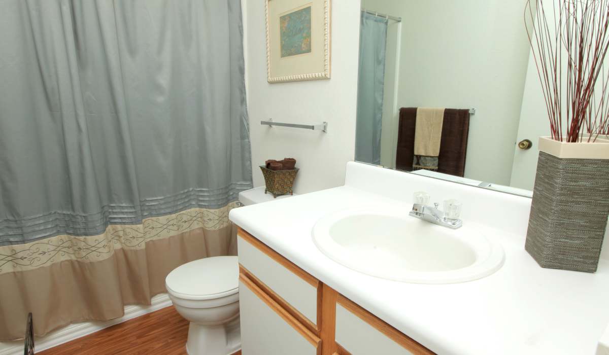 White countertop with base cabinets and shower at North Oak Crossing in Kansas City, Missouri