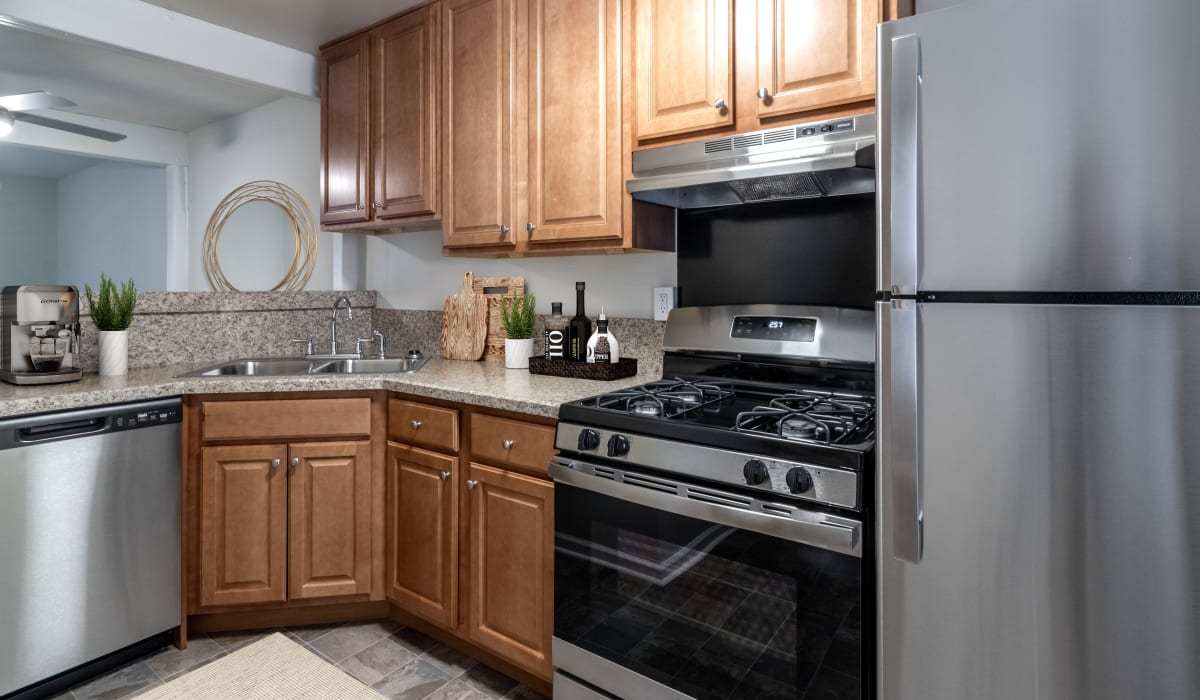 Apartment kitchen with stainless steel appliances at Old Bridge Apartments in Richmond, Virginia