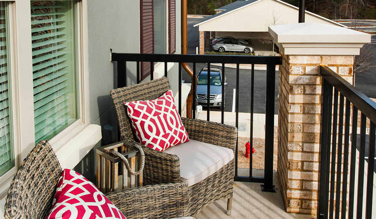 Balcony with seating at Lane Parke Apartments in Mountain Brook, Alabama